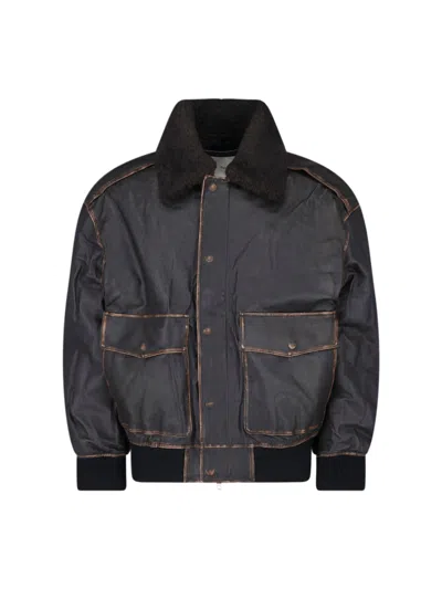 Dunst Shearling Collar Leather Bomber Jacket In Black
