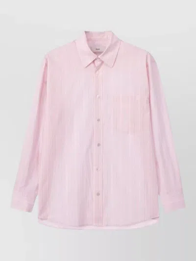 Dunst Striped Cotton Shirt Chest Pocket Collar In Pink