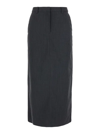 Dunst Tech Fabric Long Striped Skirt With High Waist And H-line Fit In Grey