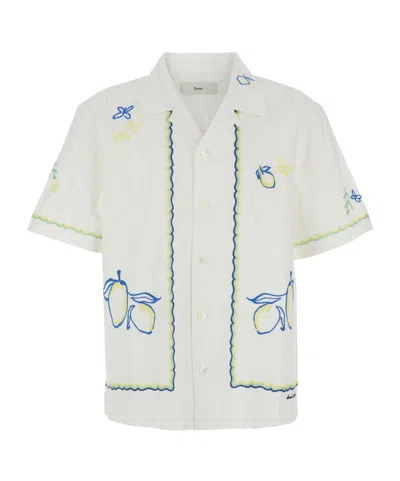 Dunst Unisex Hand-drawing Open Collared Shirt Yellow Open Collar Cotton Shirt For Men In White