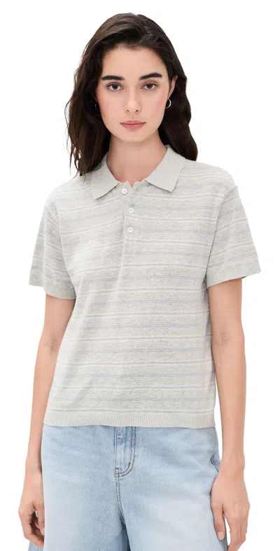 Dunst Unisex Linen Striped Polo Knit Grey/soft Blue In Gray