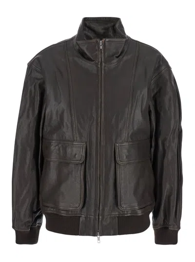 DUNST BROWN JACKET WITH TWO FRONT POCKETS AND DISTRESSED EFFECT IN LEATHER WOMAN