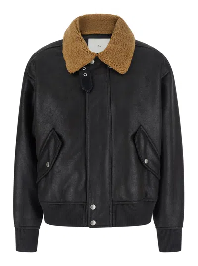 Dunst Unisex Zip-front Jacket With Leather Trim And Korean Collar In Black