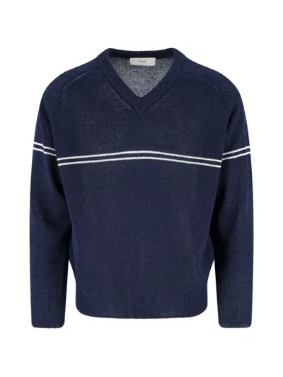 Dunst V-neck Stripe-detail Sweater In Blue