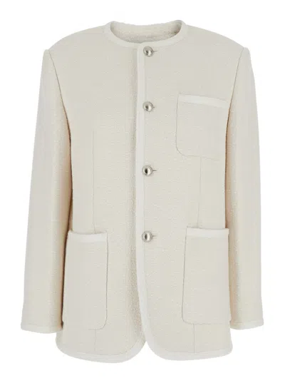 Dunst Unisex Collarless Tweed Jacket In White