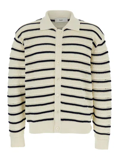 DUNST WHITE KNITTED CARDIGAN WITH WIDE COLLAR AND ALL-OVER STIPED MOTIF IN COTTON MAN