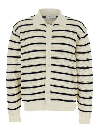 DUNST WHITE KNITTED CARDIGAN WITH WIDE COLLAR AND ALL-OVER STIPED MOTIF IN COTTON  MAN