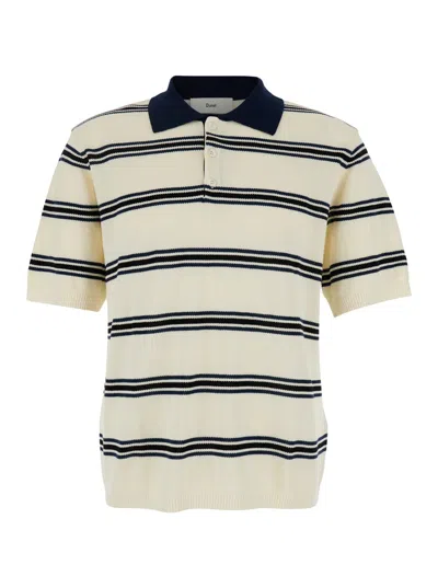 Dunst White Polo Shirt With All-over Striped Motif And Ribbed Edges In Cotton Piquet Man
