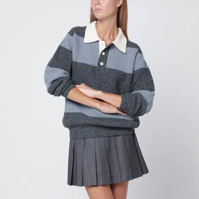 DUNST WOMEN'S BLUE/ STRIPED WOOL BLEND POLO SHIRT