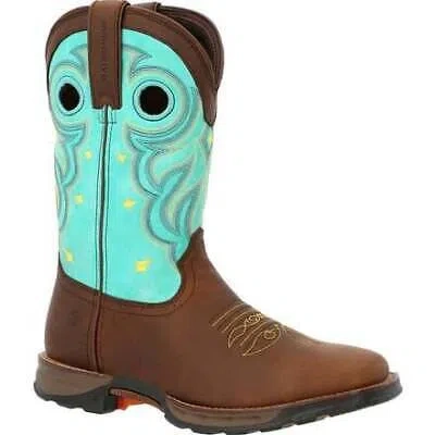 Pre-owned Durango Work Women's 10" Maverick Soft Toe Waterproof Western Work Boot Peanut B In Peanut Brown/electric Blue