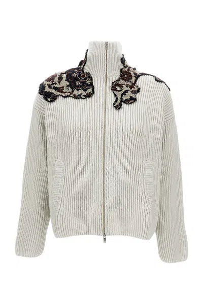 Durazzi Milano Ribbed Weave Wool Bomber Jacket With High Neck And Decorative Appliqués In Beige