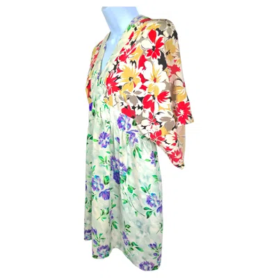 Pre-owned Duro Olowu England Duroolowu Couture Silk Mixed Print Kimono Sleeve "sally" Mini Dress 2004 In Sand