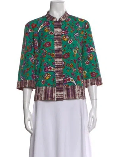 Pre-owned Duro Olowu Floral Print Three-quarter Sleeve Blouse In Green