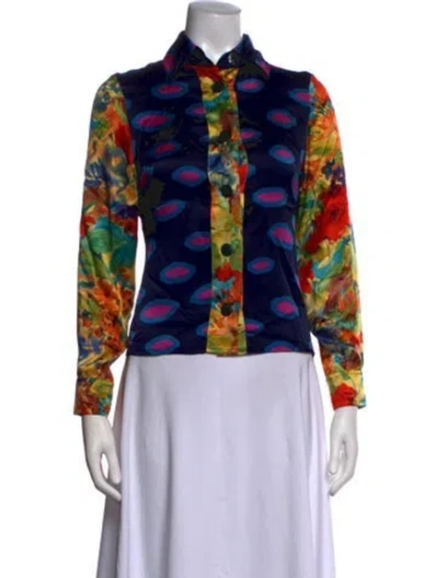 Pre-owned Duro Olowu Silk Floral Print Button-up Top In Blue