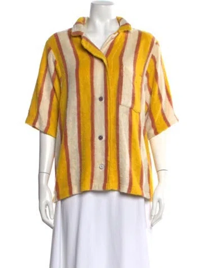Pre-owned Dusen Dusen Striped Short Sleeve Button-up Top In Yellow