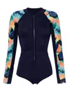 Duskii Tropical-print Long-sleeved Swimsuit In Blue