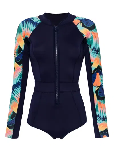 Duskii Tropical-print Long-sleeved Swimsuit In Blue