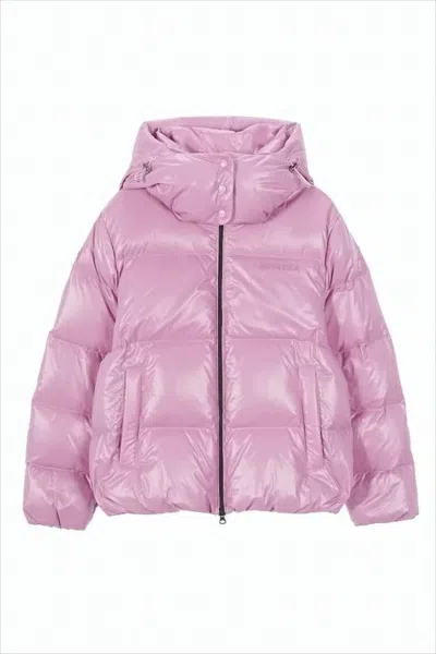 Duvetica Cropped Shiny Down Coat With Horizontal Quilting In Pink