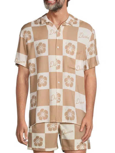 Duvin Men's Checkered & Flower Print Logo Shirt In Tan