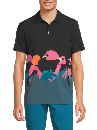 Duvin Men's Print Short Sleeve Polo In Black Multicolor