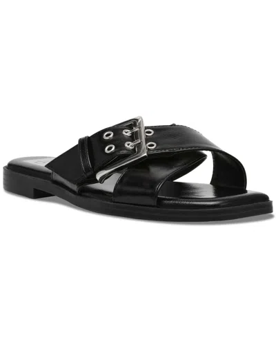 Dv Dolce Vita Women's Mayson Crossband Buckle Slide Flat Sandals In Black Shiny