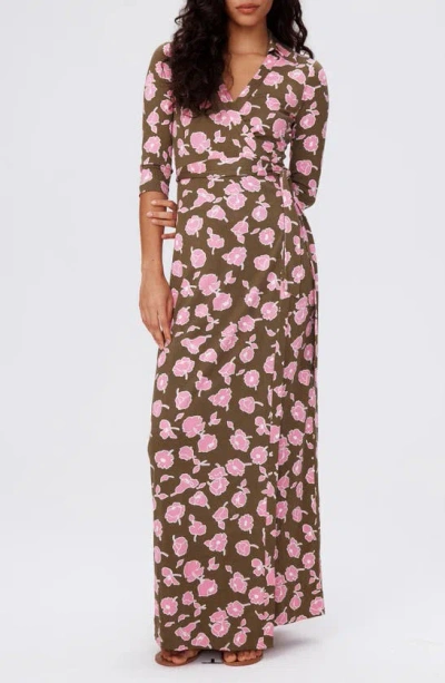 Dvf Abigail Floral Silk Wrap Maxi Dress In Rose Showers Khaki Lg