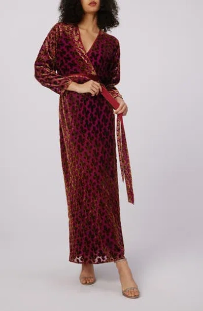 Dvf Babette Velvet Burnout Long Sleeve Maxi Wrap Dress In Brown