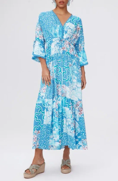 Dvf Boris Mixed Print Tiered Maxi Dress In Soltice Flags Blue