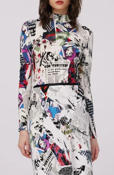 Dvf Doha Pop Art Newspaper Print Mock Neck Top In Multi