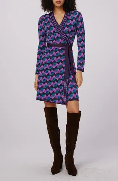 Dvf Edwina Geo Print Long Sleeve Wrap Dress In Blue