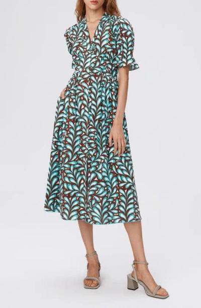 Dvf Erica Leaf Print Cotton Button-up Midi Dress In Seaweed Med
