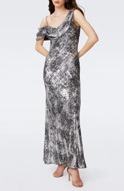 Dvf Joaquin Metallic Sequin Asymmetric Dress In Shadow Dancer Black