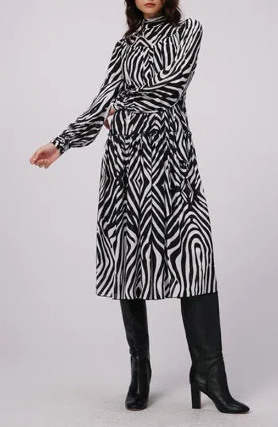 Dvf Kent Zebra Print Long Sleeve Midi Dress In Black