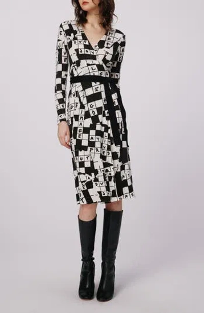 Dvf Luella Crossword Print Long Sleeve Merino Wool Wrap Dress In Black
