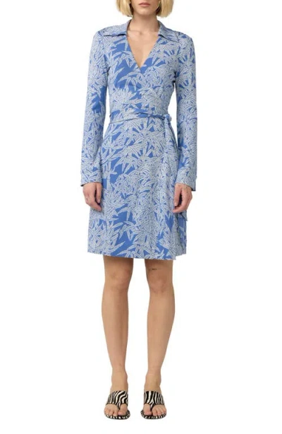 Dvf New Jeanne Leaf Print Long Sleeve Silk Wrap Dress In Blue