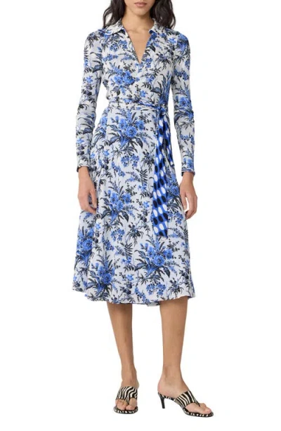 Dvf Phoenix Reversible Long Sleeve Midi Shirtdess In Blue