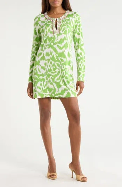 Dvf Reina Long Sleeve Silk Shift Dress In Green