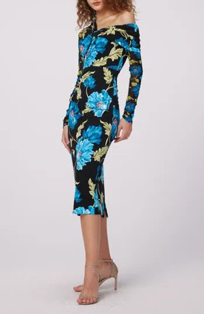 Dvf Rich Floral Asymmetric Neck Long Sleeve Midi Dress