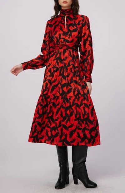 Dvf Sai Hand Print Long Sleeve Midi Dress In Stage Hands Red