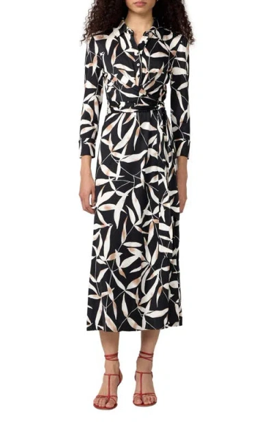 Dvf Sana Two Leaf Print Wrap Shirtdress In Black