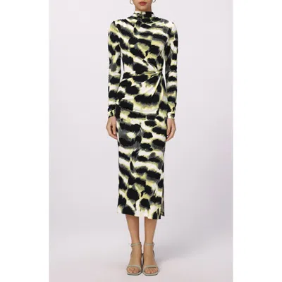 Dvf Sonja Print Long Sleeve Midi Dress In Wild Thing Shadow Green Lg