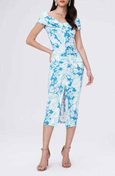 Dvf Stephen Floral Portrait Neck Midi Dress In June Bloom Blue