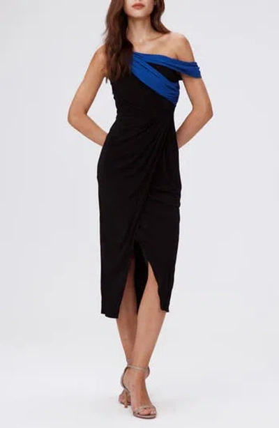 Dvf Terin Colorblock One-shoulder Dress In Black/royal Blue/emerald