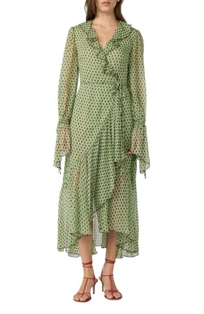Dvf Thena Polka Dot Ruffle Trim Wrap Midi Dress In Green