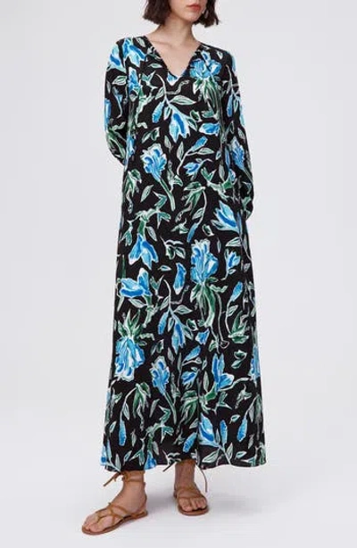 Dvf Vandy Floral Long Sleeve Maxi Dress In Tulip Fields Blue Lg
