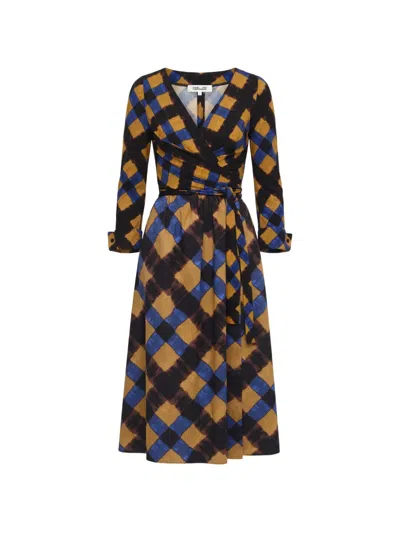 Dvf Vintage Ballerina Check-pattern Wrap Midi Dress In Multi
