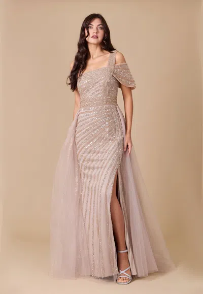 Dylan And Davids One Shoulder Hand Beaded Formal Couture Dress In Brown