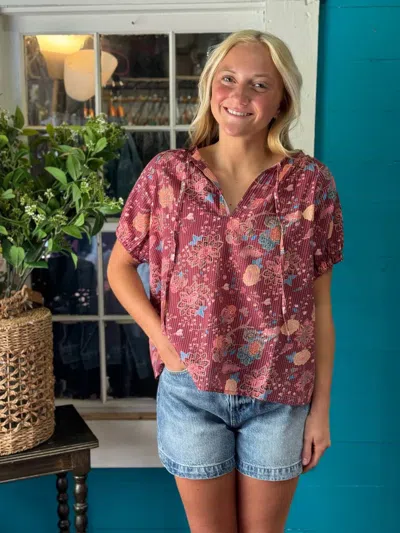 Dylan Camelia Short Sleeve Top In Red Multi In Burgundy