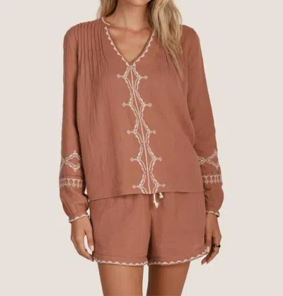 Dylan Isabelle Tunic Top With Embroidery In Dark Amber In Brown