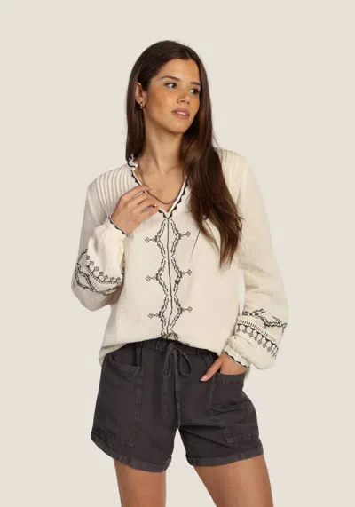 Dylan Isabelle V-neck Tunic In Vintage White With Black Embroidery In Multi